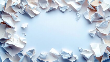An abstract composition featuring a border of crumpled paper pieces surrounding a blank white space. The image has soft lighting and a minimalist aesthetic.