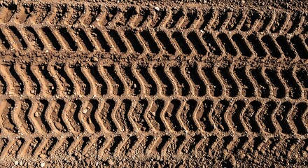 Tire tracks in the mud, close-up of tread marks on ground.