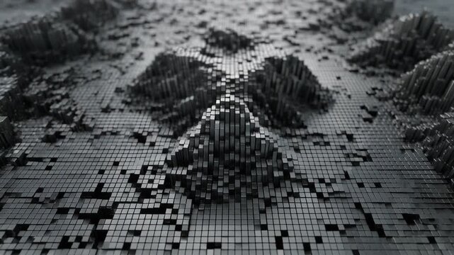 Abstract 3D render of a dark gray landscape composed of rectangular cuboids and a central void
