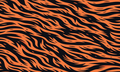 Vibrant orange and black tiger stripe animal skin pattern, a wild seamless fur texture for background design and illustration