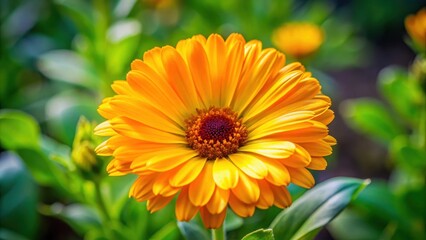 Bright yellow flower of calendula in a garden