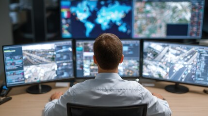 Medium shot of a call center professional monitoring multiple screens to ensure robust firewall protection against cyber threats and unauthorized access.
