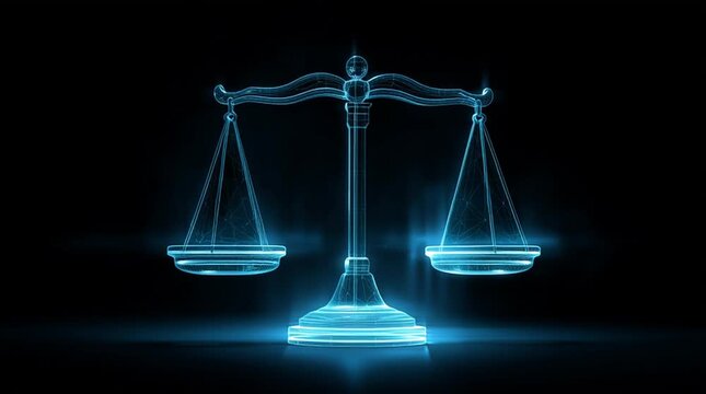 Glowing blue scale of justice illustration against a dark black background