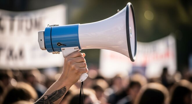A focused hand firmly holding a megaphone at a crowded public protest demonstration - Powered by Adobe