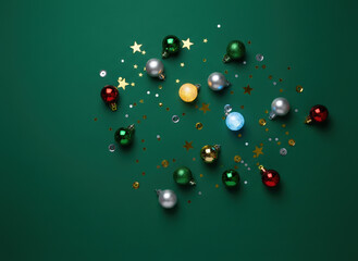 Colorful Christmas ornament scatter with glitter star confetti on green background creating festive holiday sparkle and cozy celebratory mood