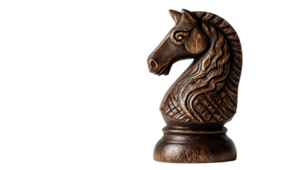Dark carved wood chess knight piece representing strategy, intelligence, and leadership isolated on transparent background