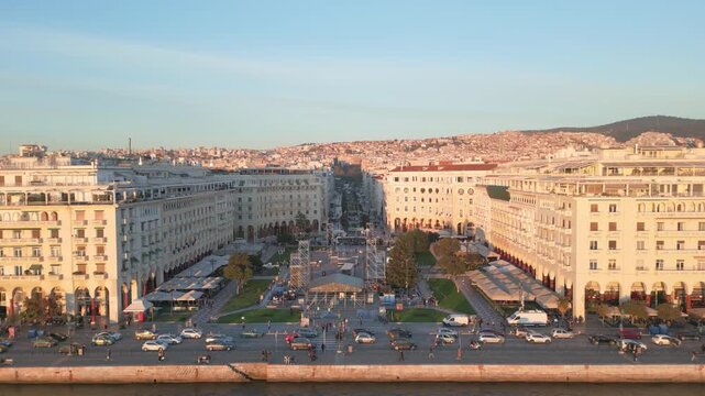 Aerial drone view of Aristotelous Square, Thessaloniki at sunset