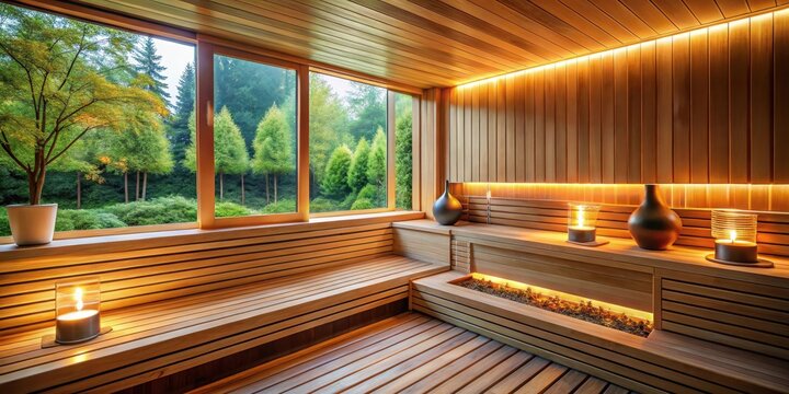 A serene wooden sauna room with a few candles and a stone heater