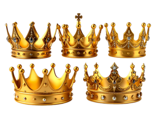 Six ornate golden crowns sparkling with jewels, symbols of power