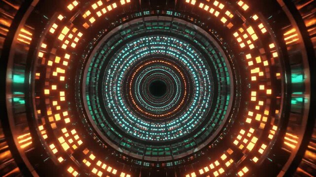 A symmetrical, vibrant, geometric tunnel with alternating orange and blue square light patterns