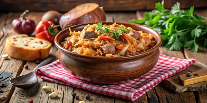 Bigos in ceramic bowl on rustic wooden table