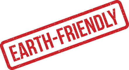 A red grunge textured rubber stamp showcasing the phrase earth friendly in bold uppercase lettering diagonally across