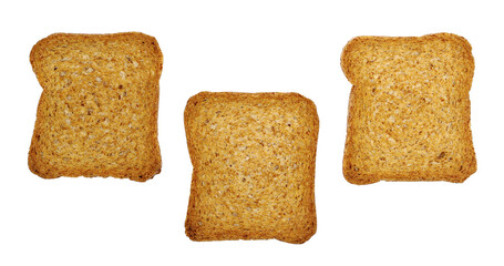 Set rusks with wholewheat flour, sliced whole wheat dry rusk bread isolated on white background, top view