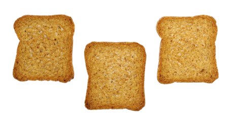 Set rusks with wholewheat flour, sliced whole wheat dry rusk bread isolated on white background, top view