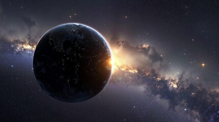 A dark planet with a bright sunrise and a galaxy in the background view - Powered by Adobe