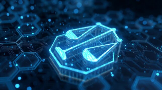 Digital scales of justice icon glowing on a blue hexagon pattern background
