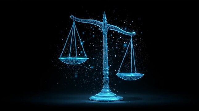 A digital illustration of a balance scale in blue against a black background