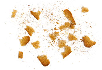 Broken rusks with wholewheat flour, pieces whole wheat dry bread with crumbs isolated on white background, top view