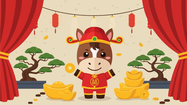 Cute cartoon horse in traditional Chinese attire celebrating Lunar New Year with gold ingots and bonsai trees, vibrant illustration for festive greetings