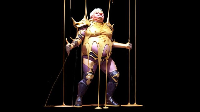 Avant-Garde Golden Costume Performance Portrait: Male Mime Artist in Vibrant Sculptural Attire with Dramatic Lighting at Cultural Art Exhibition