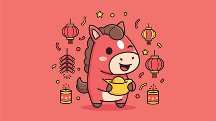 Naklejka premium Happy Cartoon Horse Holding Gold Coin Surrounded by Chinese New Year Decorations