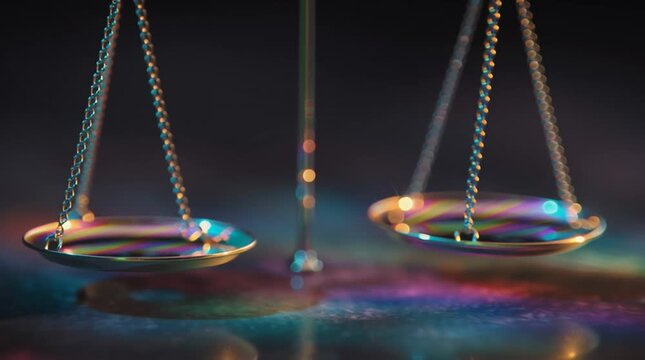 Close up of a golden scale with chains against a colorful background glow