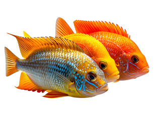 Three vivid tropical fish with red, yellow, and blue markings