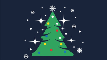 Festive Christmas Tree Decoration with Twinkling Stars and Snowflakes on a Dark Blue Background