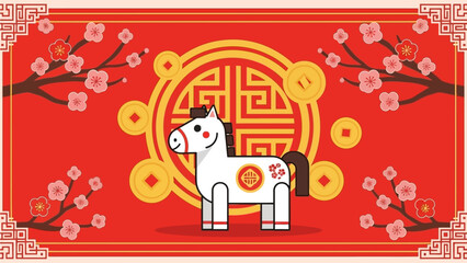 Chinese New Year Celebration with a Festive Horse Illustration and Traditional Decorations