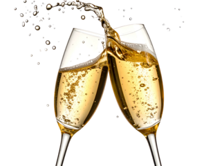Two golden flutes clinking with splashing sparkling liquid