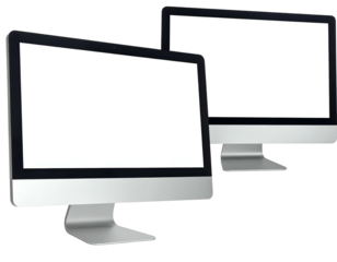 Two modern desktop computer monitors with blank white screens
