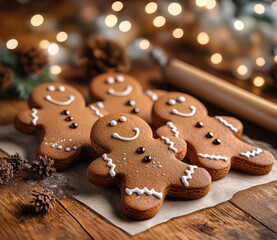 Gingerbread cookies with snowflake decorations on festive table, copy space, banner, advertising, greeting, postcard, mockup