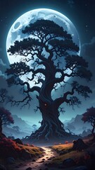 Majestic Tree Beneath a Glowing Moon A Serene Night Landscape Painting
