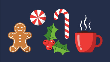 Christmas icons featuring gingerbread man, candy cane, holly, and hot beverage mug on a dark blue background