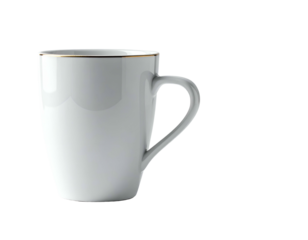 White ceramic mug, thin gold rim, isolated on a black background