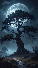 A solitary, gnarled ancient tree stands sentinel under the ethereal glow of a large, luminous full moon on a mysterious, cloudy night
