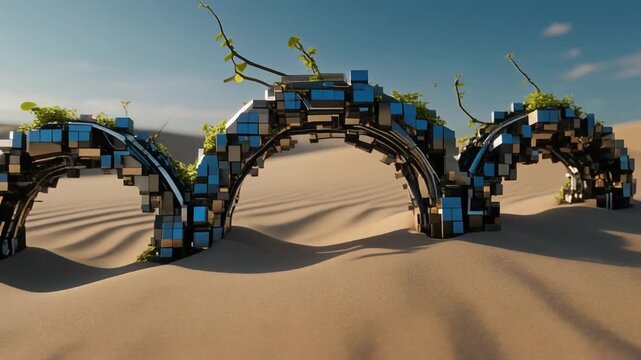 A surreal archway structure made of metallic blocks in a desert, with small plants