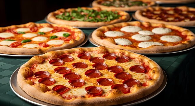 Assortment of Delicious Pizzas on Buffet Table