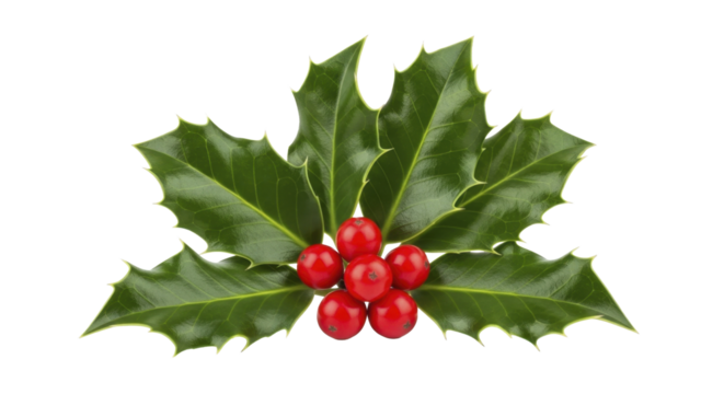 Vibrant Green Holly Leaves with Bright Red Berries on a Transparent Background PNG Image