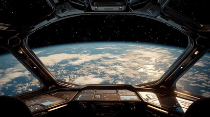View of earth from spaceship cockpit with stars and cloudy atmosphere - Powered by Adobe