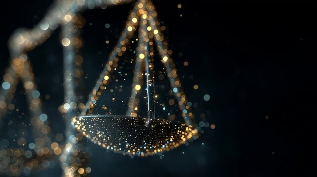Close up view of scales of justice with bokeh lights on a dark background