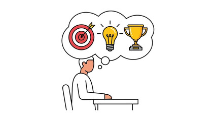 A person contemplating business growth, investment, and career development symbolized by icons in a thought bubble