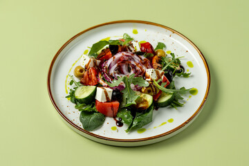 A colorful salad showcases fresh greens, ripe tomatoes, and creamy feta, drizzled with olive oil. This delightful dish invites healthy eating, perfect for a sunny day