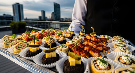 Gourmet buffet appetizers served by waiter on rooftop with city skyline background