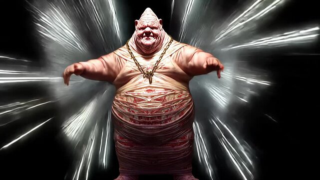 Fantasy Character Monster in Magical Background: Animated Figure with Oversized Creature and Mystical Energy in Surreal Art Comic Style