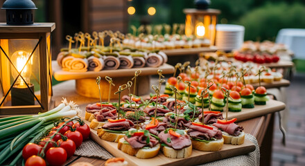 Elegant Outdoor Buffet Table with Appetizers and Decorative Lanterns at Dusk