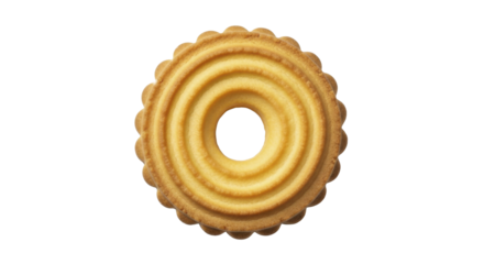 Round golden butter cookie with scalloped edge, on a transparent background, PNG file