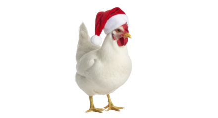 Festive white chicken wearing Santa hat on a transparent background PNG file