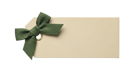  Blank gift tag with green fabric bow, on a transparent background, PNG image