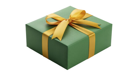 Obraz premium Square green present box wrapped with golden satin ribbon and bow on a transparent background, PNG image